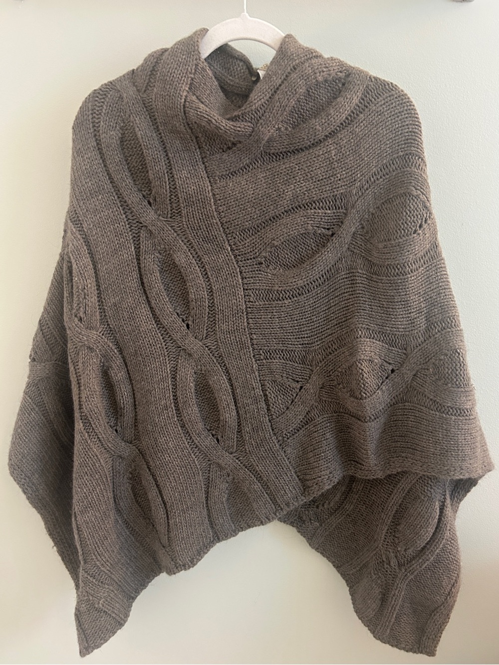 Cable-Knit Draped Poncho Sweater in Taupe
